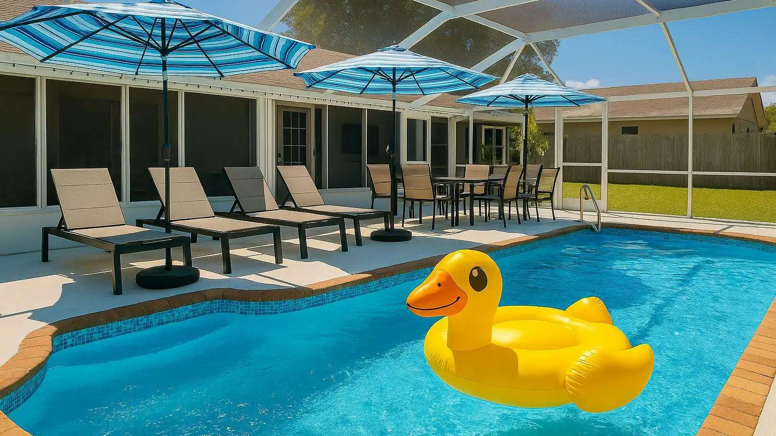 Screened pool with striped umbrellas and sun loungers at Casa Yara, 5302 36th Avenue Dr W in Bradenton